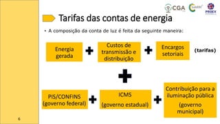 Tarifas das contas de energia
• A composição da conta de luz é feita da seguinte maneira:
Energia
gerada
Custos de
transmissão e
distribuição
Encargos
setoriais
(tarifas)
PIS/CONFINS
(governo federal)
ICMS
(governo estadual)
Contribuição para a
iluminação pública
(governo
municipal)
6
 