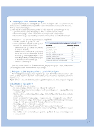 3 7 
1.2. Investigação sobre o consumo de água 
Outra forma de introduzir o tema é pedir que os alunos investiguem sobre o seu próprio consumo 
de água e de sua família. Esta atividade possibilita trazer o tema para a realidade concreta dos alunos. 
Pode ser interessante investigar: 
Quantos litros de água a escola consome por dia? Esse total representa quantos litros por aluno? 
• Aproximadamente quantos litros de água o aluno e sua família utilizam por dia? 
• Quantos litros de água contém o reservatório de descarga do WC (vaso sanitário)? 
• Quantos litros de água são utilizados para tomar banho? Para lavar roupa? Para lavar louça? 
Para responder a esse conjunto de perguntas, os alunos poderão: 
• consultar as contas de água de suas casas; 
• medir ou estimar a quantidade total de água uti-lizada 
em uma determinada atividade: 
- coletar e medir toda água utilizada em um banho 
ou em outra atividade; 
- coletar e medir a quantidade de água utilizada 
em um minuto de uma determinada atividade 
(lavando louça, por exemplo), multiplicar a quan-tidade 
de água utilizada por minuto pelo tempo gasto 
na atividade (para lavar toda a louça); 
- consultar a tabela a seguir. 
Consumo de doméstico de água por atividade 
Atividade Quantidade (em litros) 
1 descarga no WC 10 a 16 
1 minuto de chuveiro 15 
1 tanque com água 150 
1 lavagem de mãos 3 a 5 
1 lavagem com máquina de lavar 150 
1 lavagem com lava-louça 20 a 25 
Escovar os dentes com água corrente 11 
Lavagem do automóvel com mangueira 100 
Os alunos podem comentar os resultados entre eles, em pequenos grupos. Depois, você coordena 
um debate geral sobre as diferentes formas de poupar água. 
2. Pesquisa sobre a qualidade e o consumo de água 
No inicio do processo de pesquisa, é importante que sejam distribuídos materiais de leitura sobre 
o tema. Os textos deste manual também podem ser lidos por seus alunos. Você decide em que momento 
e como usá-los. 
A partir da leitura e discussão dos textos, pode-se sugerir temas para que os alunos pesquisem em grupo: 
a) Qualidade da água potável 
Alguns exemplos de temas para pesquisa: 
• De onde vem a água utilizada no bairro ou cidade onde você mora? 
• Existe algum tipo de tratamento dessa água antes de sua distribuição para a população? Que trata-mento? 
Quem faz? 
• São feitas análises periódicas da qualidade da água distribuída? Quem faz? Quais são os resultados 
dessas análises? 
• Existem casos de contaminação da água por agrotóxicos, lixo, e metais pesados na sua cidade? 
• Por que se utiliza cloro na água distribuída para a população? Como é feita a dosagem da cloração 
da água de modo que a quantidade de cloro seja suficiente, mas não excessiva? 
• Onde a água potável é armazenada em sua casa? 
• Qual a situação da caixa d’água de sua casa? Está limpa e devidamente fechada? 
• Caso existam poços ou cisternas, os mesmos possuem tampa? A água dessas fontes é boa para 
beber (potável)? 
• Que medidas podem ser tomadas para garantir a qualidade da água consumida por você 
e por sua família? 
 