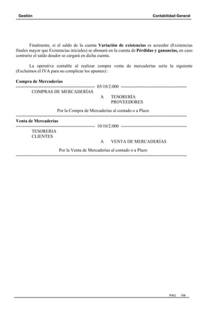 Gestión

Contabilidad General

Finalmente, si el saldo de la cuenta Variación de existencias es acreedor (Existencias
finales mayor que Existencias iniciales) se abonará en la cuenta de Pérdidas y ganancias, en caso
contrario el saldo deudor se cargará en dicha cuenta.
La operativa contable al realizar compra venta de mercaderías sería la siguiente
(Excluimos el IVA para no complicar los apuntes) :
Compra de Mercaderías
----------------------------------------------------- 05/10/2.000 -------------------------------------------COMPRAS DE MERCADERÍAS
A
TESORERÍA
PROVEEDORES
Por la Compra de Mercaderías al contado o a Plazo
-----------------------------------------------------------------------------------------------------------------Venta de Mercaderías
----------------------------------------------------- 10/10/2.000 -------------------------------------------TESORERIA
CLIENTES
A
VENTA DE MERCADERÍAS
Por la Venta de Mercaderías al contado o a Plazo
------------------------------------------------------------------------------------------------------------------

PAG.

106

 