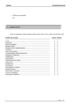 Gestión

Contabilidad General

-

Productos terminados

-

etc...

1.7. EJERCICIO 02

Entre las siguientes cuentas indicar cuáles son de Activo (A) y cuáles son de Pasivo (P):
Nombre de Cuenta
CAJA .........................................................................................................
BANCOS ...................................................................................................
PROVEEDORES .......................................................................................
MOBILIARIO ...........................................................................................
PRODUCTOS TERMINADOS ................................................................
CAPITAL ..................................................................................................
INSTALACIONES ...................................................................................
ACREEDORES POR SERVICIOS ..........................................................
ENSERES O BIENES ...............................................................................
TERRENOS ..............................................................................................
HACIENDA .............................................................................................
CRÉDITO BANCARIO ...........................................................................
UTILLAJE ................................................................................................
RESERVAS ..............................................................................................
CLIENTES ................................................................................................
DEUDORES VARIOS ..............................................................................
MAQUINARIA ........................................................................................
EFECTOS A PAGAR ...............................................................................
CAJA (TALONES) ...................................................................................
MATERIAS PRIMAS ...............................................................................

Activo / Pasivo
[ ..... ]
[ ..... ]
[ ..... ]
[ ..... ]
[ ..... ]
[ ..... ]
[ ..... ]
[ ..... ]
[ ..... ]
[ ..... ]
[ ..... ]
[ ..... ]
[ ..... ]
[ ..... ]
[ ..... ]
[ ..... ]
[ ..... ]
[ ..... ]
[ ..... ]
[ ..... ]

PAG.

14

 
