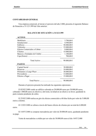 Gestión

Contabilidad General

CONTABILIDAD GENERAL
Una empresa comercial, al iniciar el ejercicio del año 2.000, presenta el siguiente Balance
de Situación a 31/12/1.999 del Año anterior:

BALANCE DE SITUACIÓN A 31/12/1.999
ACTIVO
Mobiliario ........................................................................... 3.700,00 €
Instalaciones ....................................................................... 4.500,00 €
Edificios ............................................................................. 50.000,00 €
Vehículos ........................................................................... 15.000,00 €
Efectos Comerciales a Cobrar ........................................... 8.000,00 €
Clientes .............................................................................. 15.000,00 €
Bancos y Entidades de Crédito ........................................
1.100,00 €
Caja (Euros) .....................................................................
700,00 €
Total Activo ............................................ 98.000,00 €
PASIVO
Capital Social ....................................................................
Reservas ............................................................................
Préstamos a Largo Plazo ...................................................
Proveedores .......................................................................
Efectos a Pagar ..................................................................

30.000,00 €
10.000,00 €
30.000,00 €
13.000,00 €
15.000,00 €

Total Pasivo .............................................. 98.000,00 €
Durante el ejercicio presente ha realizado las siguientes opresiones:
El 02/02/2.000 vende un edificio valorado en 20.000,00 euros por 30.000,00 euros,
cobrando 1.000,00 euros en efectivo y del resto, la mitad en un efecto a su favor, quedando la
parte restante pendiente de cobro.
El 25/02/2.000 realiza un giro de efectos comerciales a 60 días fecha por valor de 5.000,00
euros a clientes.
El 13/03/2.000 se cobran a través del banco efectos de clientes por un total de 6.000,00
euros.
El 14/07/2.000 se compran mercaderías por valor de 20.000,00 euros, quedando pendiente
su pago.
Venta de mercaderías a crédito por un valor de 30.000,00 euros el día 14/07/2.000

PAG.

145

 