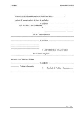Gestión

Contabilidad General

Resultado de Pérdidas y Ganancias (pérdida ó beneficio) = _____________ €
Asiento de regularización ó de cierre de resultados:
----------------------------------------------------- 31/12/2.000 ---------------------------------------------(129) PERDIDAS Y GANANCIAS
A ..................................................... ..............
..................................................... ..............
..................................................... ..............
Por las Compras y Gastos
------------------------------------------------------------------------------------------------------------------------------------------------------------------------- 31/12/2.000 ---------------------------------------------........... ...................................................
........... ...................................................
........... ...................................................
A (129) PERDIDAS Y GANANCIAS
Por las Ventas e Ingresos
--------------------------------------------------------------------------------------------------------------------Asiento de Aplicación de resultados:
----------------------------------------------------- 31/12/2.000 ---------------------------------------------.................... Perdidas y Ganancias
A

Resultado de Pérdidas y Ganancias ........

---------------------------------------------------------------------------------------------------------------------

PAG.

153

 