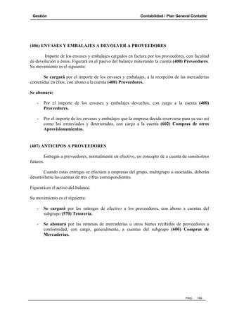 Gestión

Contabilidad / Plan General Contable

(406) ENVASES Y EMBALAJES A DEVOLVER A PROVEEDORES
Importe de los envases y embalajes cargados en factura por los proveedores, con facultad
de devolución a éstos. Figurará en el pasivo del balance minorando la cuenta (400) Proveedores.
Su movimiento es el siguiente:
Se cargará por el importe de los envases y embalajes, a la recepción de las mercaderías
contenidas en ellos, con abono a la cuenta (400) Proveedores.
Se abonará:
-

Por el importe de los envases y embalajes devueltos, con cargo a la cuenta (400)
Proveedores.

-

Por el importe de los envases y embalajes que la empresa decida reservarse para su uso así
como los extraviados y deteriorados, con cargo a la cuenta (602) Compras de otros
Aprovisionamientos.

(407) ANTICIPOS A PROVEEDORES
Entregas a proveedores, normalmente en efectivo, en concepto de a cuenta de suministros
futuros.
Cuando estas entregas se efectúen a empresas del grupo, multigrupo o asociadas, deberán
desarrollarse las cuentas de tres cifras correspondientes.
Figurará en el activo del balance.
Su movimiento es el siguiente:
-

Se cargará por las entregas de efectivo a los proveedores, con abono a cuentas del
subgrupo (570) Tesorería.

-

Se abonará por las remesas de mercaderías u otros bienes recibidos de proveedores a
conformidad, con cargo, generalmente, a cuentas del subgrupo (600) Compras de
Mercaderías.

PAG.

189

 