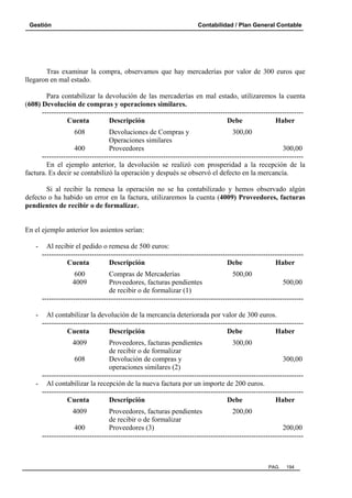 Gestión

Contabilidad / Plan General Contable

Tras examinar la compra, observamos que hay mercaderías por valor de 300 euros que
llegaron en mal estado.
Para contabilizar la devolución de las mercaderías en mal estado, utilizaremos la cuenta
(608) Devolución de compras y operaciones similares.
-------------------------------------------------------------------------------------------------------------Cuenta
Descripción
Debe
Haber
608

Devoluciones de Compras y
300,00
Operaciones similares
400
Proveedores
300,00
-------------------------------------------------------------------------------------------------------------En el ejemplo anterior, la devolución se realizó con prosperidad a la recepción de la
factura. Es decir se contabilizó la operación y después se observó el defecto en la mercancía.
Si al recibir la remesa la operación no se ha contabilizado y hemos observado algún
defecto o ha habido un error en la factura, utilizaremos la cuenta (4009) Proveedores, facturas
pendientes de recibir o de formalizar.

En el ejemplo anterior los asientos serían:
-

Al recibir el pedido o remesa de 500 euros:
-------------------------------------------------------------------------------------------------------------Cuenta
Descripción
Debe
Haber
600
4009

Compras de Mercaderías
500,00
Proveedores, facturas pendientes
500,00
de recibir o de formalizar (1)
--------------------------------------------------------------------------------------------------------------

Al contabilizar la devolución de la mercancía deteriorada por valor de 300 euros.
-------------------------------------------------------------------------------------------------------------Cuenta
Descripción
Debe
Haber
4009

Proveedores, facturas pendientes
300,00
de recibir o de formalizar
608
Devolución de compras y
300,00
operaciones similares (2)
-------------------------------------------------------------------------------------------------------------- Al contabilizar la recepción de la nueva factura por un importe de 200 euros.
-------------------------------------------------------------------------------------------------------------Cuenta
Descripción
Debe
Haber
4009

Proveedores, facturas pendientes
200,00
de recibir o de formalizar
400
Proveedores (3)
200,00
--------------------------------------------------------------------------------------------------------------

PAG.

194

 