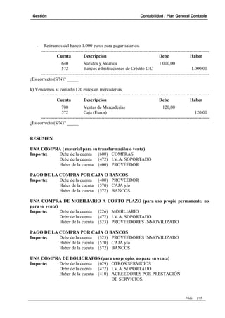 Gestión

-

Contabilidad / Plan General Contable

Retiramos del banco 1.000 euros para pagar salarios.
--------------------------------------------------------------------------------------------------------------Cuenta
Descripción
Debe
Haber

640
Sueldos y Salarios
1.000,00
572
Bancos e Instituciones de Crédito C/C
1.000,00
--------------------------------------------------------------------------------------------------------------¿Es correcto (S/N)? _____
k) Vendemos al contado 120 euros en mercaderías.
--------------------------------------------------------------------------------------------------------------Cuenta
Descripción
Debe
Haber
700
Ventas de Mercaderías
120,00
572
Caja (Euros)
120,00
--------------------------------------------------------------------------------------------------------------¿Es correcto (S/N)? _____

RESUMEN
UNA COMPRA ( material para su transformación o venta)
Importe:
Debe de la cuenta (600) COMPRAS
Debe de la cuenta (472) I.V.A. SOPORTADO
Haber de la cuenta (400) PROVEEDOR
PAGO DE LA COMPRA POR CAJA O BANCOS
Importe:
Debe de la cuenta (400) PROVEEDOR
Haber de la cuenta (570) CAJA y/o
Haber de la cuneta (572) BANCOS
UNA COMPRA DE MOBILIARIO A CORTO PLAZO (para uso propio permanente, no
para su venta)
Importe:
Debe de la cuenta (226) MOBILIARIO
Debe de la cuenta (472) I.V.A. SOPORTADO
Haber de la cuenta (523) PROVEEDORES INMOVILIZADO
PAGO DE LA COMPRA POR CAJA O BANCOS
Importe:
Debe de la cuenta (523) PROVEEDORES INMOVILIZADO
Haber de la cuenta (570) CAJA y/o
Haber de la cuenta (572) BANCOS
UNA COMPRA DE BOLIGRAFOS (para uso propio, no para su venta)
Importe:
Debe de la cuenta (629) OTROS SERVICIOS
Debe de la cuenta (472) I.V.A. SOPORTADO
Haber de la cuenta (410) ACREEDORES POR PRESTACIÓN
DE SERVICIOS.

PAG.

217

 