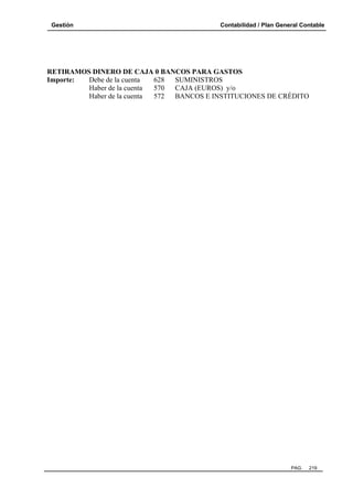 Gestión

Contabilidad / Plan General Contable

RETIRAMOS DINERO DE CAJA 0 BANCOS PARA GASTOS
Importe:
Debe de la cuenta
628
SUMINISTROS
Haber de la cuenta
570
CAJA (EUROS) y/o
Haber de la cuenta
572 BANCOS E INSTITUCIONES DE CRÉDITO

PAG.

219

 