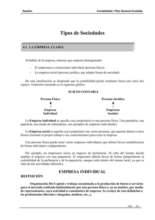 Gestión

Contabilidad / Plan General Contable

Tipos de Sociedades
6.1. LA EMPRESA. CLASES.

Al hablar de la empresa, tenemos que empezar distinguiendo:
-

El empresario o comerciante individual (persona física).

-

La empresa social (persona jurídica, que adopta forma de sociedad).

De esta clasificación se desprende que la contabilidad puede orientarse hacia uno estos dos
sujetos. Veámoslo resumido en el siguiente gráfico:
SUJETO CONTABLE
Persona Física

Persona Jurídica

Empresa
Individual

Empresas
Sociales

La Empresa individual es aquella cuyo propietario es una persona física. Una panadería, una
papelería, una tienda de ordenadores, son ejemplos de empresas individuales.
La Empresa social es aquella cuyo propietario son varias personas, que aportan dinero u otros
bienes (incluido el propio trabajo o sus conocimientos) para crear la empresa.
Una persona física puede tener varias empresas individuales que deberá llevar contablemente
de forma individual e independiente.
Por ejemplo, un empresario inicia un negocio de perfumería. Al cabo del tiempo decide
ampliar el negocio con una paquetería. El empresario deberá llevar de forma independiente la
contabilidad de la perfumería y de la paquetería, aunque estén dentro del mismo local, ya que se
trata de dos actividades diferentes.

EMPRESA INDIVIDUAL
DEFINICIÓN
Organización Del Capital y trabajo encaminada a la producción de bienes ó servicios
para el mercado realizada habitualmente por una persona física o, en su nombre, por medio
de representantes, cuya actividad es constitutiva de empresa. Se excluye de esta definición a
los profesionales liberales ( abogados, médicos, etc...).

PAG.

227

 