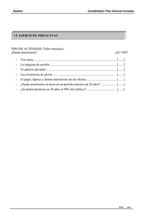 Gestión

Contabilidad / Plan General Contable

7.5. EJERCICIO: PREGUNTAS

TIPO DE ACTIVIDAD: Taller mecánico.
¿Puede amortizarse?

¿SI / NO?

-

Una mesa ........................................................................................................ [ ..... ]

-

La máquina de escribir ................................................................................... [ ..... ]

-

El edificio del taller ........................................................................................ [ ..... ]

-

Las existencias de piezas ............................................................................... [ ..... ]

-

El papel, lápices y demás material de uso de oficina ..................................... [ ..... ]

-

¿Puede amortizarse la mesa en un período máximo de 20 años? .................. [ ..... ]

-

¿Se podrá amortizar en 30 años el 90% del edificio? .................................... [ ..... ]

PAG.

248

 