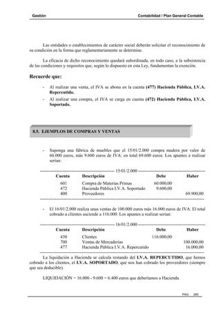 Gestión

Contabilidad / Plan General Contable

Las entidades o establecimientos de carácter social deberán solicitar el reconocimiento de
su condición en la forma que reglamentariamente se determine.
La eficacia de dicho reconocimiento quedará subordinada, en todo caso, a la subsistencia
de las condiciones y requisitos que, según lo dispuesto en esta Ley, fundamentan la exención.

Recuerde que:
-

Al realizar una venta, el IVA se abona en la cuenta (477) Hacienda Pública, I.V.A.
Repercutido.

-

Al realizar una compra, el IVA se carga en cuenta (472) Hacienda Pública, I.V.A.
Soportado.

8.5. EJEMPLOS DE COMPRAS Y VENTAS

-

Suponga una fábrica de muebles que el 15/01/2.000 compra madera por valor de
60.000 euros, más 9.600 euros de IVA: en total 69.600 euros. Los apuntes a realizar
serían:

-------------------------------------------------- 15/01/2.000 --------------------------------------------Cuenta
Descripción
Debe
Haber
601
Compra de Materias Primas
60.000,00
472
Hacienda Pública I.V.A. Soportado
9.600,00
400
Proveedores
69.900,00
--------------------------------------------------------------------------------------------------------------

El 16/01/2.000 realiza unas ventas de 100.000 euros más 16.000 euros de IVA. El total
cobrado a clientes asciende a 116.000. Los apuntes a realizar serían:

-------------------------------------------------- 16/01/2.000 --------------------------------------------Cuenta
Descripción
Debe
Haber
430
Clientes
116.000,00
700
Ventas de Mercaderías
100.000,00
477
Hacienda Pública I.V.A. Repercutido
16.000,00
-------------------------------------------------------------------------------------------------------------La liquidación a Hacienda se calcula restando del I.V.A. REPERCUTIDO, que hemos
cobrado a los clientes, el I.V.A. SOPORTADO, que nos han cobrado los proveedores (siempre
que sea deducible).
LIQUIDACIÓN = 16.000 - 9.600 = 6.400 euros que deberíamos a Hacienda.

PAG.

285

 