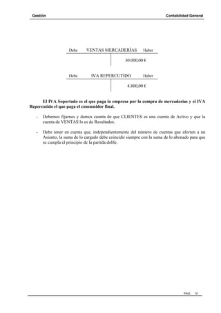 Gestión

Contabilidad General

Debe

VENTAS MERCADERÍAS

Haber

30.000,00 €

Debe

IVA REPERCUTIDO

Haber

4.800,00 €

El IVA Soportado es el que paga la empresa por la compra de mercaderías y el IVA
Repercutido el que paga el consumidor final.
-

Debemos fijarnos y darnos cuenta de que CLIENTES es una cuenta de Activo y que la
cuenta de VENTAS lo es de Resultados.

-

Debe tener en cuenta que, independientemente del número de cuentas que afecten a un
Asiento, la suma de lo cargado debe coincidir siempre con la suma de lo abonado para que
se cumpla el principio de la partida doble.

PAG.

31

 