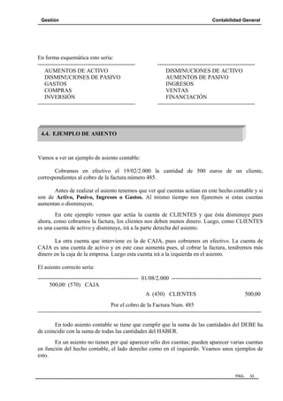 Gestión

En forma esquemática esto sería:
--------------------------------------------------AUMENTOS DE ACTIVO
DISMINUCIONES DE PASIVO
GASTOS
COMPRAS
INVERSIÓN
---------------------------------------------------

Contabilidad General

--------------------------------------------------DISMINUCIONES DE ACTIVO
AUMENTOS DE PASIVO
INGRESOS
VENTAS
FINANCIACIÓN
---------------------------------------------------

4.4. EJEMPLO DE ASIENTO

Vamos a ver un ejemplo de asiento contable:
Cobramos en efectivo el 19/02/2.000 la cantidad de 500 euros de un cliente,
correspondientes al cobro de la factura número 485.
Antes de realizar el asiento tenemos que ver qué cuentas actúan en este hecho contable y si
son de Activo, Pasivo, Ingresos o Gastos. Al mismo tiempo nos fijaremos si estas cuentas
aumentan o disminuyen.
En este ejemplo vemos que actúa la cuenta de CLIENTES y que ésta disminuye pues
ahora, como cobramos la factura, los clientes nos deben menos dinero. Luego, como CLIENTES
es una cuenta de activo y disminuye, irá a la parte derecha del asiento.
La otra cuenta que interviene es la de CAJA, pues cobramos en efectivo. La cuenta de
CAJA es una cuenta de activo y en este caso aumenta pues, al cobrar la factura, tendremos más
dinero en la caja de la empresa. Luego esta cuenta irá a la izquierda en el asiento.
El asiento correcto sería:
----------------------------------------------------- 01/08/2.000 ----------------------------------------------500,00 (570) CAJA
A (430) CLIENTES

500,00

Por el cobro de la Factura Num. 485
--------------------------------------------------------------------------------------------------------------------En todo asiento contable se tiene que cumplir que la suma de las cantidades del DEBE ha
de coincidir con la suma de todas las cantidades del HABER.
En un asiento no tienen por qué aparecer sólo dos cuentas; pueden aparecer varias cuentas
en función del hecho contable, el lado derecho como en el izquierdo. Veamos unos ejemplos de
esto.

PAG.

33

 
