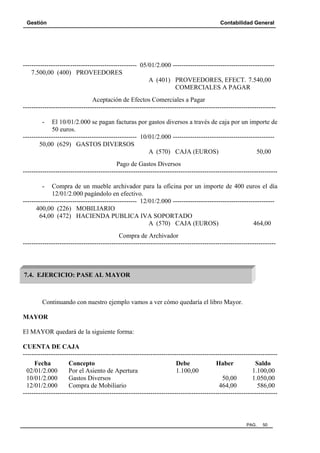 Gestión

Contabilidad General

----------------------------------------------------- 05/01/2.000 ----------------------------------------------7.500,00 (400) PROVEEDORES
A (401) PROVEEDORES, EFECT. 7.540,00
COMERCIALES A PAGAR
Aceptación de Efectos Comerciales a Pagar
---------------------------------------------------------------------------------------------------------------------

El 10/01/2.000 se pagan facturas por gastos diversos a través de caja por un importe de
50 euros.
----------------------------------------------------- 10/01/2.000 ----------------------------------------------50,00 (629) GASTOS DIVERSOS
A (570) CAJA (EUROS)
50,00
Pago de Gastos Diversos
----------------------------------------------------------------------------------------------------------------------

Compra de un mueble archivador para la oficina por un importe de 400 euros el día
12/01/2.000 pagándolo en efectivo.
----------------------------------------------------- 12/01/2.000 ----------------------------------------------400,00 (226) MOBILIARIO
64,00 (472) HACIENDA PUBLICA IVA SOPORTADO
A (570) CAJA (EUROS)
464,00
Compra de Archivador
---------------------------------------------------------------------------------------------------------------------

7.4. EJERCICIO: PASE AL MAYOR

Continuando con nuestro ejemplo vamos a ver cómo quedaría el libro Mayor.
MAYOR
El MAYOR quedará de la siguiente forma:
CUENTA DE CAJA
---------------------------------------------------------------------------------------------------------------------Fecha
Concepto
Debe
Haber
Saldo
02/01/2.000
Por el Asiento de Apertura
1.100,00
1.100,00
10/01/2.000
Gastos Diversos
50,00
1.050,00
12/01/2.000
Compra de Mobiliario
464,00
586,00
----------------------------------------------------------------------------------------------------------------------

PAG.

50

 