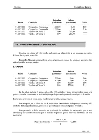 Gestión

Contabilidad General

Entradas
Salidas
Fecha
Concepto
(Unidades)
(Unidades)
Precio
-----------------------------------------------------------------------------------------------------------------01/01/2.000
Comprado a Empresa A
1.000,00
0,00
2,00
02/01/2.000
Comprado a Empresa B
2.000,00
0,00
2,50
03/01/2.000
Vendido a Cliente Z
0,00
750,00
____
04/01/2.000
Vendido a Cliente Y
0,00
250,00
____

12.6. PROMEDIOS: SIMPLE Y PONDERADO

Consiste en asignar el valor medio del precio de adquisición a las unidades que salen.
Existen dos tipos de promedio:
Promedio Simple: únicamente se aplica el promedio cuando las unidades que salen han
sido adquiridas a varios precios.
EJEMPLO
Entradas
Salidas
Fecha
Concepto
(Unidades)
(Unidades)
Precio
-----------------------------------------------------------------------------------------------------------------01/01/2.000
Comprado a Empresa A
500,00
0,00
2,00
02/01/2.000
Comprado a Empresa B
400,00
0,00
2,30
03/01/2.000
Vendido a Cliente Z
0,00
400,00
2,00
04/01/2.000
Vendido a Cliente Y
0,00
250,00
2,15

En la salida del día 3, como salen sólo 400 unidades y éstas corresponden todas a la
primera entrada, entonces no se aplica ningún tipo de promedio para calcular el precio de salida.
Por lo tanto el precio de coste, como puede ver en la tabla, será de 2 euros.
Por otra parte, en la salida del día 4, intervienen 100 unidades de la primera entrada y 150
unidades de la segunda entrada, entonces lo que se hace es calcular el precio promedio.
Este promedio se halla sumando los precios de las unidades de las entradas que se ven
afectadas y dividiendo esta suma por el número de precios que se han visto afectados. En este
caso sería:
2,00 + 2,30
Precio Coste medio =

= 2,15 €
2

PAG.

97

 