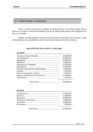 Gestión Contabilidad General
PAG. 107
Vamos a realizar un ejercicio completo de valoración para ver de forma global todo el
proceso de compra y venta de mercaderías, que de un modo aislado parece más complejo de lo
que es en realidad.
Además, en dicho ejemplo trataremos otras cuestiones relacionadas con la compra y venta
de mercaderías, aún contempladas, como la provisión por depreciación de existencias.
BALANCE DE SITUACIÓN A 31/01/2.000
ACTIVO
Terrenos y Bienes Naturales ............................................ 18.000,00 €
Construcciones .................................................................. 20.000,00 €
Maquinaria ........................................................................ 20.000,00 €
Mobiliario ......................................................................... 6.000,00 €
Elementos de Transporte .................................................. 12.500,00 €
Mercaderías ...................................................................... 15.000,00 €
Provisión depreciación de Mercaderías ............................ - 4.000,00 €
Clientes ............................................................................. 8.450,00 €
Efectos Comerciales a Cobrar .......................................... 3.500,00 €
Bancos e Instituciones de Crédito C/C ............................. 15.000,00 €
Caja (Euros) ...................................................................... 1.550,00 €
Total Activo ............................................ 116.000,00 €
PASIVO
Capital Social .................................................................... 57.500,00 €
Reservas ............................................................................ 13.000,00 €
Remanente ......................................................................... 20.000,00 €
Préstamos a Corto Plazo ................................................... 6.000,00 €
Acreedores ......................................................................... 12.000,00 €
Proveedores ....................................................................... 7.500,00 €
Total Pasivo .............................................. 116.000,00 €
12.7. EJERCICIO DE VALORACIÓN
 