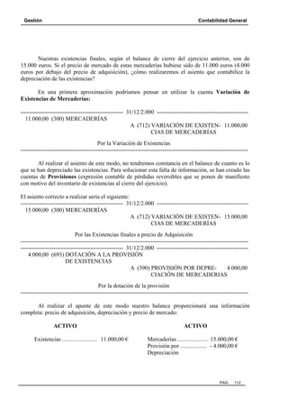 Gestión Contabilidad General
PAG. 112
Nuestras existencias finales, según el balance de cierre del ejercicio anterior, son de
15.000 euros. Si el precio de mercado de estas mercaderías hubiese sido de 11.000 euros (4.000
euros por debajo del precio de adquisición), ¿cómo realizaremos el asiento que contabilice la
depreciación de las existencias?
En una primera aproximación podríamos pensar en utilizar la cuenta Variación de
Existencias de Mercaderías:
----------------------------------------------------- 31/12/2.000 -----------------------------------------------
11.000,00 (300) MERCADERÍAS
A (712) VARIACIÓN DE EXISTEN- 11.000,00
CIAS DE MERCADERÍAS
Por la Variación de Existencias
---------------------------------------------------------------------------------------------------------------------
Al realizar el asiento de este modo, no tendremos constancia en el balance de cuanto es lo
que se han depreciado las existencias. Para solucionar esta falta de información, se han creado las
cuentas de Provisiones (expresión contable de pérdidas reversibles que se ponen de manifiesto
con motivo del inventario de existencias al cierre del ejercicio).
El asiento correcto a realizar sería el siguiente:
----------------------------------------------------- 31/12/2.000 -----------------------------------------------
15.000,00 (300) MERCADERÍAS
A (712) VARIACIÓN DE EXISTEN- 15.000,00
CIAS DE MERCADERÍAS
Por las Existencias finales a precio de Adquisición
---------------------------------------------------------------------------------------------------------------------
----------------------------------------------------- 31/12/2.000 -----------------------------------------------
4.000,00 (693) DOTACIÓN A LA PROVISIÓN
DE EXISTENCIAS
A (390) PROVISIÓN POR DEPRE- 4.000,00
CIACIÓN DE MERCADERIAS
Por la dotación de la provisión
---------------------------------------------------------------------------------------------------------------------
Al realizar el apunte de este modo nuestro balance proporcionará una información
completa: precio de adquisición, depreciación y precio de mercado:
ACTIVO ACTIVO
Existencias ........................ 11.000,00 € Mercaderías ..................... 15.000,00 €
Provisión por .................. - 4.000,00 €
Depreciación
 