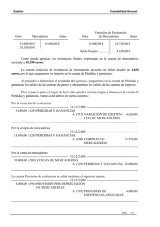 Gestión Contabilidad General
PAG. 114
Variación de Existencias
Debe Mercaderías Haber Debe de Mercaderías Haber
15.000,00 € 15.000,00 € 15.000,00 € 10.350,00 €
10.350,00 €
Saldo Deudor ............. 4.650,00 €
Como puede apreciar, las existencias finales, expresadas en la cuenta de mercaderías,
asciende a 10.350 euros.
La cuenta variación de existencias de mercaderías presenta un Saldo deudor de 4.650
euros, por lo que cargaremos su importe en la cuenta de Pérdidas y ganancias.
Al proceder a determinar el resultado del ejercicio, cargaremos en la cuenta de Pérdidas y
ganancias los saldos de las cuentas de gastos y abonaremos los saldos de las cuentas de ingresos.
Para ir paso a paso, en lugar de hacer dos apuntes con los cargos y abonos en la cuenta de
Pérdidas y ganancias, vamos a dividirlos en varios asientos:
Por la variación de existencias:
----------------------------------------------------- 31/12/2.000 -----------------------------------------------
4.650,00 (129) PERDIDAS Y GANANCIAS
A (712) VARIACIÓN DE EXISTEN- 4.650,00
CIAS DE MERCADERÍAS
---------------------------------------------------------------------------------------------------------------------
Por la compra de mercaderías:
----------------------------------------------------- 31/12/2.000 -----------------------------------------------
13.950,00 (129) PERDIDAS Y GANANCIAS
A (600) COMPRAS DE 13.950,00
MERCADERÍAS
---------------------------------------------------------------------------------------------------------------------
Por la venta de mercaderías:
----------------------------------------------------- 31/12/2.000 -----------------------------------------------
38.000,00 (700) VENTAS DE MERCADERÍAS
A (129) PERDIDAS Y GANANCIAS 38.000,00
---------------------------------------------------------------------------------------------------------------------
La cuenta Provisión de existencias se salda mediante el siguiente apunte:
----------------------------------------------------- 31/12/2.000 -----------------------------------------------
4.000,00 (390) PROVISIÓN POR DEPRECIACIÓN
DE MERCADERIAS
A (793) PROVISIÓN DE 4.000,00
EXISTENCIAS APLICADAS
---------------------------------------------------------------------------------------------------------------------
 