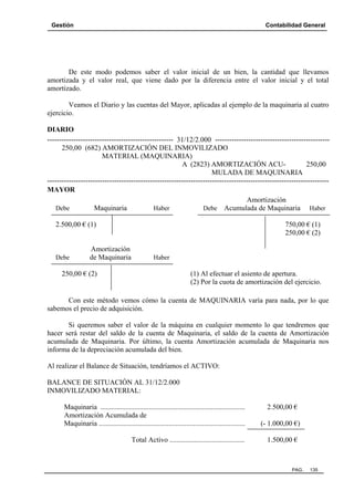 Gestión Contabilidad General
PAG. 135
De este modo podemos saber el valor inicial de un bien, la cantidad que llevamos
amortizada y el valor real, que viene dado por la diferencia entre el valor inicial y el total
amortizado.
Veamos el Diario y las cuentas del Mayor, aplicadas al ejemplo de la maquinaria al cuatro
ejercicio.
DIARIO
----------------------------------------------------- 31/12/2.000 ------------------------------------------------
250,00 (682) AMORTIZACIÓN DEL INMOVILIZADO
MATERIAL (MAQUINARIA)
A (2823) AMORTIZACIÓN ACU- 250,00
MULADA DE MAQUINARIA
----------------------------------------------------------------------------------------------------------------------
MAYOR
Amortización
Debe Maquinaria Haber Debe Acumulada de Maquinaria Haber
2.500,00 € (1) 750,00 € (1)
250,00 € (2)
Amortización
Debe de Maquinaria Haber
250,00 € (2) (1) Al efectuar el asiento de apertura.
(2) Por la cuota de amortización del ejercicio.
Con este método vemos cómo la cuenta de MAQUINARIA varía para nada, por lo que
sabemos el precio de adquisición.
Si queremos saber el valor de la máquina en cualquier momento lo que tendremos que
hacer será restar del saldo de la cuenta de Maquinaria, el saldo de la cuenta de Amortización
acumulada de Maquinaria. Por último, la cuenta Amortización acumulada de Maquinaria nos
informa de la depreciación acumulada del bien.
Al realizar el Balance de Situación, tendríamos el ACTIVO:
BALANCE DE SITUACIÓN AL 31/12/2.000
INMOVILIZADO MATERIAL:
Maquinaria ................................................................................. 2.500,00 €
Amortización Acumulada de
Maquinaria .................................................................................. (- 1.000,00 €)
Total Activo .......................................... 1.500,00 €
 