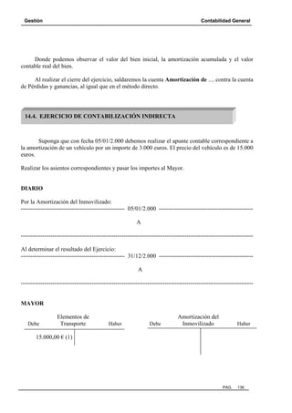 Gestión Contabilidad General
PAG. 136
Donde podemos observar el valor del bien inicial, la amortización acumulada y el valor
contable real del bien.
Al realizar el cierre del ejercicio, saldaremos la cuenta Amortización de .... contra la cuenta
de Pérdidas y ganancias, al igual que en el método directo.
Suponga que con fecha 05/01/2.000 debemos realizar el apunte contable correspondiente a
la amortización de un vehículo por un importe de 3.000 euros. El precio del vehículo es de 15.000
euros.
Realizar los asientos correspondientes y pasar los importes al Mayor.
DIARIO
Por la Amortización del Inmovilizado:
----------------------------------------------------- 05/01/2.000 ------------------------------------------------
A
----------------------------------------------------------------------------------------------------------------------
Al determinar el resultado del Ejercicio:
----------------------------------------------------- 31/12/2.000 ------------------------------------------------
A
----------------------------------------------------------------------------------------------------------------------
MAYOR
Elementos de Amortización del
Debe Transporte Haber Debe Inmovilizado Haber
15.000,00 € (1)
14.4. EJERCICIO DE CONTABILIZACIÓN INDIRECTA
 