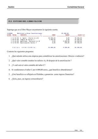 Gestión Contabilidad General
PAG. 142
Suponga que en el libro Mayor encontramos la siguiente cuenta:
Conteste las siguientes preguntas:
1. ¿Qué método utiliza esta empresa para contabilizar las amortizaciones: Directo o indirecto?
2. ¿Qué valor contable tendrán los talleres A y B después de la amortización ?
3. ¿Y cuál será el valor contable del taller C?
4. Si vendiéramos el taller C por 6.000,00 euros, ¿qué beneficio obtendríamos?
5. ¿Este beneficio se reflejaría en Pérdidas y ganancias como ingreso financiero?
6. ¿Sería, pues, un ingreso extraordinario?
15.3. ESTUDIO DEL LIBRO MAYOR
 