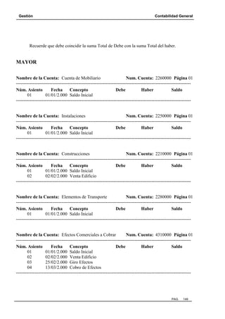Gestión Contabilidad General
PAG. 148
Recuerde que debe coincidir la suma Total de Debe con la suma Total del haber.
MAYOR
Nombre de la Cuenta: Cuenta de Mobiliario Num. Cuenta: 2260000 Página 01
-------------------------------------------------------------------------------------------------------------------
Núm. Asiento Fecha Concepto Debe Haber Saldo
01 01/01/2.000 Saldo Inicial
-------------------------------------------------------------------------------------------------------------------
Nombre de la Cuenta: Instalaciones Num. Cuenta: 2250000 Página 01
-------------------------------------------------------------------------------------------------------------------
Núm. Asiento Fecha Concepto Debe Haber Saldo
01 01/01/2.000 Saldo Inicial
-------------------------------------------------------------------------------------------------------------------
Nombre de la Cuenta: Construcciones Num. Cuenta: 2210000 Página 01
-------------------------------------------------------------------------------------------------------------------
Núm. Asiento Fecha Concepto Debe Haber Saldo
01 01/01/2.000 Saldo Inicial
02 02/02/2.000 Venta Edificio
-------------------------------------------------------------------------------------------------------------------
Nombre de la Cuenta: Elementos de Transporte Num. Cuenta: 2280000 Página 01
-------------------------------------------------------------------------------------------------------------------
Núm. Asiento Fecha Concepto Debe Haber Saldo
01 01/01/2.000 Saldo Inicial
-------------------------------------------------------------------------------------------------------------------
Nombre de la Cuenta: Efectos Comerciales a Cobrar Num. Cuenta: 4310000 Página 01
-------------------------------------------------------------------------------------------------------------------
Núm. Asiento Fecha Concepto Debe Haber Saldo
01 01/01/2.000 Saldo Inicial
02 02/02/2.000 Venta Edificio
03 25/02/2.000 Giro Efectos
04 13/03/2.000 Cobro de Efectos
-------------------------------------------------------------------------------------------------------------------
 