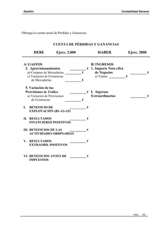 Gestión Contabilidad General
PAG. 155
Obtenga la cuenta anual de Pérdidas y Ganancias:
CUENTA DE PÉRDIDAS Y GANANCIAS
DEBE Ejerc. 2.000 HABER Ejerc. 2000
-------------------------------------------------------------------------------------------------------------
A/ GASTOS B/ INGRESOS
2. Aprovisionamientos __________ € 1. Importe Neto cifra
a) Compras de Mercaderías __________ € de Negocios __________ €
c) Variación de Existencias a) Ventas __________ €
de Mercaderías __________ €
5. Variación de las
Provisiones de Tráfico __________ € I. Ingresos
a) Variación de Provisiones Extraordinarios __________ €
de Existencias __________ €
I. BENEFICIO DE __________ €
EXPLOTACIÓN (B1-A2-A5)
II. RESULTADOS __________ €
FINANCIEROS POSITIVOS
III. BENEFICIOS DE LAS __________ €
ACTIVIDADES ORDINARIAS
V. RESULTADOS __________ €
EXTRAORD. POSITIVOS
VI. BENEFICIOS ANTES DE __________ €
IMPUESTOS
 