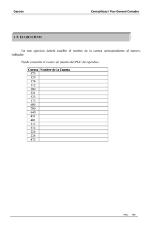 Gestión Contabilidad / Plan General Contable
PAG. 168
En este ejercicio deberá escribir el nombre de la cuenta correspondiente al número
indicado:
Puede consultar el cuadro de cuentas del PGC del apéndice.
Cuenta Nombre de la Cuenta
570
129
174
112
200
221
523
173
600
700
640
431
401
212
572
226
228
472
1.5. EJERCICIO 01
 