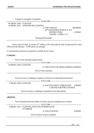 Gestión Contabilidad / Plan General Contable
PAG. 178
- Cuando es entregado el inmueble:
----------------------------------------------------- 01/06/2.000 -----------------------------------------------
96.300,00 (430) CLIENTES
10.000,00 (437) ANTICIPO DE CLIENTES
A (700) VENTAS 100.000,00
(477) HACIENDA PUBLICA, IVA
REPERCUTIDO 6.300,00
(100.000 - 10.000) x 7%
Entrega del Inmueble
---------------------------------------------------------------------------------------------------------------------
Fíjese cómo al final, la cuenta 477 refleja el IVA derivado de toda la operación de venta
(700 euros del anticipo + 6.300 euros a la entrega)
A continuación resumimos la operativa contable de las ventas:
CARGOS:
- Por la venta realizada según factura:
----------------------------------------------------- 01/01/2.000 -----------------------------------------------
10.000,00 (430) CLIENTES
A (700) VENTA DE MERCADERÍAS 10.000,00
Por la Venta realizada
---------------------------------------------------------------------------------------------------------------------
- Por los envases y embalajes cargados en factura con facultad de devolución.
----------------------------------------------------- 01/01/2.000 -----------------------------------------------
5.000,00 (430) CLIENTES
A (436) ENVASES Y EMBALAJES 5.000,00
A DEVOLVER POR CLIENTES
Por los envases y embalajes contenidos en las Mercaderías
---------------------------------------------------------------------------------------------------------------------
ABONOS:
- Por la formalización del crédito en efectos de giro aceptados por el cliente:
----------------------------------------------------- 01/01/2.000 -----------------------------------------------
8.000,00 (431) CLIENTES, EFECTOS COMERCIALES
A COBRAR
A (430) CLIENTES 8.000,00
Por los efectos de giro aceptados
---------------------------------------------------------------------------------------------------------------------
 