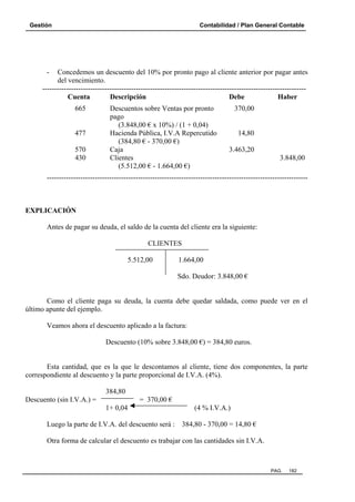 Gestión Contabilidad / Plan General Contable
PAG. 182
- Concedemos un descuento del 10% por pronto pago al cliente anterior por pagar antes
del vencimiento.
--------------------------------------------------------------------------------------------------------------
Cuenta Descripción Debe Haber
665 Descuentos sobre Ventas por pronto 370,00
pago
(3.848,00 € x 10%) / (1 + 0,04)
477 Hacienda Pública, I.V.A Repercutido 14,80
(384,80 € - 370,00 €)
570 Caja 3.463,20
430 Clientes 3.848,00
(5.512,00 € - 1.664,00 €)
-------------------------------------------------------------------------------------------------------------
EXPLICACIÓN
Antes de pagar su deuda, el saldo de la cuenta del cliente era la siguiente:
CLIENTES
5.512,00 1.664,00
Sdo. Deudor: 3.848,00 €
Como el cliente paga su deuda, la cuenta debe quedar saldada, como puede ver en el
último apunte del ejemplo.
Veamos ahora el descuento aplicado a la factura:
Descuento (10% sobre 3.848,00 €) = 384,80 euros.
Esta cantidad, que es la que le descontamos al cliente, tiene dos componentes, la parte
correspondiente al descuento y la parte proporcional de I.V.A. (4%).
384,80
Descuento (sin I.V.A.) = = 370,00 €
1+ 0,04 (4 % I.V.A.)
Luego la parte de I.V.A. del descuento será : 384,80 - 370,00 = 14,80 €
Otra forma de calcular el descuento es trabajar con las cantidades sin I.V.A.
 
