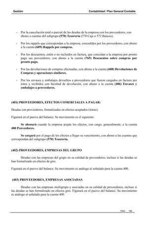 Gestión Contabilidad / Plan General Contable
PAG. 188
- Por la cancelación total o parcial de las deudas de la empresa con los proveedores, con
abono a cuentas del subgrupo (570) Tesorería (570 Caja o 572 Bancos).
- Por los rappels que correspondan a la empresa, concedidos por los proveedores, con abono
a la cuenta (609) Rappels por compras.
- Por los descuentos, estén o no incluidos en factura, que concedan a la empresa por pronto
pago sus proveedores, con abono a la cuenta (765) Descuentos sobre compras por
pronto pago.
- Por las devoluciones de compras efectuadas, con abono a la cuenta (608) Devoluciones de
Compras y operaciones similares.
- Por los envases y embalajes devueltos a proveedores que fueron cargados en factura por
éstos y recibidos con facultad de devolución, con abono a la cuenta (406) Envases y
embalajes a proveedores.
(401) PROVEEDORES, EFECTOS COMERCIALES A PAGAR:
Deudas con proveedores, formalizadas en efectos aceptados (letras).
Figurará en el pasivo del balance. Su movimiento es el siguiente:
Se abonará cuando la empresa acepte los efectos, con cargo, generalmente, a la cuenta
400 Proveedores.
Se cargará por el pago de los efectos a llegar su vencimiento, con abono a las cuentas que
correspondan del subgrupo (570) Tesorería.
(402) PROVEEDORES, EMPRESAS DEL GRUPO
Deudas con las empresas del grupo en su calidad de proveedores, incluso si las deudas se
han formalizado en efectos de giro.
Figurará en el pasivo del balance. Su movimiento es análogo al señalado para la cuenta 400.
(403) PROVEEDORES, EMPRESAS ASOCIADAS
Deudas con las empresas multigrupo y asociadas en su calidad de proveedores, incluso si
las deudas se han formalizado en efectos giro. Figurará en el pasivo del balance. Su movimiento
es análogo al señalado para la cuenta 400.
 