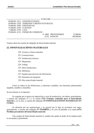 Gestión Contabilidad / Plan General Contable
PAG. 206
----------------------------------------------------- 01/08/2.000 -----------------------------------------------
50.000,00 (221) CONSTRUCCIONES
20.000,00 (220) TERRENOS Y BIENES NATURALES
10.000,00 (300) EXISTENCIAS
15.000,00 (430) CLIENTES
5.000,00 (570) CAJA
25.000,00 (213) FONDO DE COMERCIO
A (400) PROVEEDORES 25.000,00
(572) BANCOS 100.000,00
----------------------------------------------------------------------------------------------------------------------
Veamos ahora las cuentas de subgrupo de Inmovilizado material
22. IMNOVILIZACIÓNES MATERIALES
220. Terrenos y bienes naturales.
221. Construcciones.
222. Instalaciones técnicas.
223. Maquinaria.
224. Utillaje.
225. Otras instalaciones.
226. Mobiliario.
227. Equipos para procesos de información.
228. Elementos de transporte.
229. Otro inmovilizado material.
Como se indica en las definiciones y relaciones contables, son elementos patrimoniales
tangibles, muebles o inmuebles.
Su movimiento es el siguiente:
Se cargarán por el precio de adquisición o coste de producción, con abono, generalmente,
a cuentas del subgrupo 57 o a la cuenta (732) Trabajos realizados para el inmovilizado
material o, en su caso, a cuentas del subgrupo 23 INMOVILIZACIONES MATERIALES EN
CURSO.
Se abonarán por las enajenaciones y en general por la baja en inventario con cargo,
generalmente, a cuentas del subgrupo 57 TESOREÍA y en caso de pérdidas a la cuenta (671)
Pérdidas procedentes del inmovilizado material.
Una compra de Inmovilizado material es cuando ésta queda en poder de la empresa para
su uso propio y permanente.
 