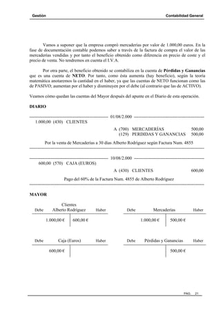 Gestión Contabilidad General
PAG. 21
Vamos a suponer que la empresa compró mercaderías por valor de 1.000,00 euros. En la
fase de documentación contable podemos saber a través de la factura de compra el valor de las
mercaderías vendidas y por tanto el beneficio obtenido como diferencia en precio de coste y el
precio de venta. No tendremos en cuenta el I.V.A.
Por otra parte, el beneficio obtenido se contabiliza en la cuenta de Pérdidas y Ganancias
que es una cuenta de NETO. Por tanto, como ésta aumenta (hay beneficio), según la teoría
matemática anotaremos la cantidad en el haber, ya que las cuentas de NETO funcionan como las
de PASIVO; aumentan por el haber y disminuyen por el debe (al contrario que las de ACTIVO).
Veamos cómo quedan las cuentas del Mayor después del apunte en el Diario de esta operación.
DIARIO
----------------------------------------------------- 01/08/2.000 -----------------------------------------------
1.000,00 (430) CLIENTES
A (700) MERCADERÍAS 500,00
(129) PERDIDAS Y GANANCIAS 500,00
Por la venta de Mercaderías a 30 días Alberto Rodríguez según Factura Num. 4855
---------------------------------------------------------------------------------------------------------------------
----------------------------------------------------- 10/08/2.000 -----------------------------------------------
600,00 (570) CAJA (EUROS)
A (430) CLIENTES 600,00
Pago del 60% de la Factura Num. 4855 de Alberto Rodríguez
---------------------------------------------------------------------------------------------------------------------
MAYOR
Clientes
Debe Alberto Rodríguez Haber Debe Mercaderías Haber
1.000,00 € 600,00 € 1.000,00 € 500,00 €
Debe Caja (Euros) Haber Debe Pérdidas y Ganancias Haber
600,00 € 500,00 €
 