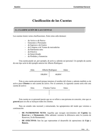 Gestión Contabilidad General
PAG. 23
Clasificación de las Cuentas
Las cuentas tienen varias clasificaciones. Entre otras cabe destacar:
- de Activo o de Pasivo
- Generales o Personales
- de Ingresos o de Gastos
- de Compras o de Ventas de mercaderías
- de Patrimonio neto
- de Efectivo
- de Inmovilizado
- de Pérdidas y Ganancias
Una cuenta puede ser, por ejemplo, de activo y además ser personal. Un ejemplo de cuenta
de este tipo sería la del ejemplo anterior de Alberto Rodríguez:
Debe Alberto Rodríguez Haber
100,00 € 60,00 €
Ésta es una cuenta personal porque tenemos el nombre del cliente y además también es de
activo pues Clientes es una cuenta de activo. Por el contrario, la siguiente cuenta sería sólo una
cuenta de activo:
Debe Clientes Varios Haber
Esta cuenta no es personal puesto que no se refiere a una persona en concreto, sino que es
general pues en ella se incluyen todos los clientes.
Para un estudio más racional y estructurado, las agruparemos del modo que veremos a
continuación:
- DE PATRIMONIO NETO: Aquellas que recogen movimientos del Capital, las
Reservas y el Remanente. (Más adelante veremos la diferencia entre la (cuenta de
Reservas y la de Remanente).
- DE EFECTIVO: Son las que representan el desarrollo de operaciones de Caja y
Bancos.
3.1. CLASIFICACIÓN DE LAS CUENTAS
 