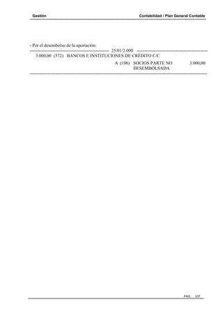 Gestión Contabilidad / Plan General Contable
PAG. 237
- Por el desembolso de la aportación:
----------------------------------------------------- 25/01/2.000 -----------------------------------------------
3.000,00 (572) BANCOS E INSTITUCIONES DE CRÉDITO C/C
A (196) SOCIOS PARTE NO 3.000,00
DESEMBOLSADA
----------------------------------------------------------------------------------------------------------------------
 