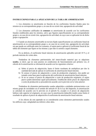 Gestión Contabilidad / Plan General Contable
PAG. 245
INSTRUCCIONES PARA LA APLICACION DE LA TABLA DE AMORTIZACION
1. Los elementos se amortizarán en función de los coeficientes lineales fijados para los
mismos en su correspondiente grupo o, en caso de no existir éste, agrupación de actividad.
2. Los elementos calificados de comunes se amortizarán de acuerdo con los coeficientes
lineales establecidos para los mismos, salvo que figuren específicamente en su correspondiente
grupo o, en caso de no existir éste, agrupación de actividad, en cuyo caso se aplicarán los de dicho
grupo o agrupación.
3. Cuando un elemento amortizable no tuviera fijado específicamente un coeficiente lineal de
amortización en su correspondiente grupo o, en caso de no existir éste, agrupación de actividad,
sin que pueda ser calificado entre los comunes, el sujeto pasivo aplicará el coeficiente lineal de las
tablas del elemento que figure en las mismas y que más se asimile a aquel elemento.
En su defecto, el coeficiente lineal máximo de amortización aplicable será del 10 % y el
período máximo de veinte años.
Tratándose de elementos patrimoniales del inmovilizado material que se adquieran
usados, es decir, que no sean puestos en condiciones de funcionamiento por primera vez, el
cálculo de la amortización se efectuará de acuerdo con los siguientes criterios:
a) Sobre el precio de adquisición, hasta el límite resultante de multiplicar por dos la
cantidad derivada de aplicar el coeficiente de amortización lineal máximo.
b) Si conoce el precio de adquisición o coste de producción originario, éste podrá ser
tomado como base para la aplicación del coeficiente de amortización lineal máximo.
c) Si no se conoce el precio de adquisición o coste de producción originario, el sujeto
pasivo podrá determinar aquél pericialmente. Establecido dicho precio de adquisición
o coste de producción se procederá de acuerdo con lo previsto en la 1etra anterior.
Tratándose de elementos patrimoniales usados adquiridos a entidades pertenecientes a un
mismo grupo de sociedades en el sentido del artículo 81 de la Ley del Impuesto, la amortización
se calculará de acuerdo con lo previsto en el párrafo b), excepto si el precio de adquisición
hubiese sido superior al originario, en cuyo caso la amortización deducible tendrá como límite el
resultado de aplicar al precio de adquisición el coeficiente de amortización lineal máximo.
A los efectos de este apartado no se considerarán como elementos patrimoniales usados
los edificios cuya antigüedad sea inferior a diez años.
 