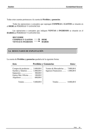 Gestión Contabilidad General
PAG. 26
Todas estas cuentas pertenecen a la cuenta de Pérdidas y ganancias.
Todas las operaciones o conceptos que supongan COMPRAS ó GASTOS se situarán en
el DEBE de PÉRDIDAS Y GANANCIAS
Las operaciones o conceptos que indiquen VENTAS ó INGRESOS se situarán en el
HABER de PÉRDIDAS Y GANANCIAS.
RECUERDE
COMPRAS Y GASTOS DEBE
VENTAS E INGRESOS HABER
La cuenta de Pérdidas y ganancias quedaría de la siguiente forma:
Debe Perdidas y Ganancias Haber
Compra de productos .... 3.600,00 € Ventas de Mercaderías ..... 7.000,00 €
Sueldos y Salarios .......... 1.000,00 € Ingresos Financieros ........ 1.000,00 €
Impuestos ....................... 300,00 €
Gastos Mat. Oficina ....... 100,00 €
Alquileres ....................... 600,00 €
Totales ................ 5.600,00 € Totales ............... 8.000,00 €
3.4. RESULTADOS DE EXPLOTACIÓN
 