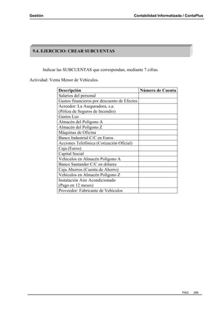 Gestión Contabilidad Informatizada / ContaPlus
PAG. 299
Indicar las SUBCUENTAS que correspondan, mediante 7 cifras.
Actividad: Venta Menor de Vehículos.
Descripción Número de Cuenta
Salarios del personal
Gastos financieros por descuento de Efectos
Acreedor: La Aseguradora, s.a.
(Póliza de Seguros de Incendio)
Gastos Luz
Almacén del Polígono A
Almacén del Polígono Z
Máquinas de Oficina
Banco Industrial C/C en Euros
Acciones Telefónica (Cotización Oficial)
Caja (Euros)
Capital Social
Vehículos en Almacén Polígono A
Banco Santander C/C en dólares
Caja Ahorros (Cuenta de Ahorro)
Vehículos en Almacén Polígono Z
Instalación Aire Acondicionado
(Pago en 12 meses)
Proveedor: Fabricante de Vehículos
9.4. EJERCICIO: CREAR SUBCUENTAS
 