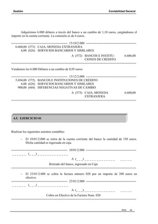 Gestión Contabilidad General
PAG. 34
Adquirimos 6.000 dólares a través del banco a un cambio de 1,10 euros, cargándonos el
importe en la cuenta corriente. La comisión es de 6 euros.
----------------------------------------------------- 15/10/2.000 -----------------------------------------------
6.600,00 (573) CAJA, MONEDA EXTRANJERA
6,00 (626) SERVICIOS BANCARIOS Y SIMILARES
A (572) BANCOS E INSTITU- 6.606,00
CIONES DE CRÉDITO
---------------------------------------------------------------------------------------------------------------------
Vendemos los 6.000 Dólares a un cambio de 0,95 euros.
----------------------------------------------------- 15/12/2.000 -----------------------------------------------
5.694,00 (572) BANCOS E INSTITUCIONES DE CRÉDITO
6,00 (626) SERVICIOS BANCARIOS Y SIMILARES
900,00 (668) DIFERENCIAS NEGATIVAS DE CAMBIO
A (573) CAJA, MONEDA 6.600,00
EXTRANJERA
---------------------------------------------------------------------------------------------------------------------
Realizar los siguientes asientos contables:
- El 10/01/2.000 se retira de la cuenta corriente del banco la cantidad de 150 euros.
Dicha cantidad es ingresada en caja.
----------------------------------------------------- 10/01/2.000 -----------------------------------------------
_ _ _ _ _ _ (_ _ _) _ _ _ _ _ _ _ _ _ _ _ _ _
A (_ _ _) _ _ _ _ _ _ _ _ _ _ _ _ _ _ _ _ _ _
Retirado del banco, ingresado en Caja
---------------------------------------------------------------------------------------------------------------------
- El 23/01/2.000 se cobra la factura número 020 por un importe de 200 euros en
efectivo.
----------------------------------------------------- 23/01/2.000 -----------------------------------------------
_ _ _ _ _ _ (_ _ _) _ _ _ _ _ _ _ _ _ _ _ _ _
A (_ _ _) _ _ _ _ _ _ _ _ _ _ _ _ _ _ _ _ _ _
Cobro en Efectivo de la Factura Num. 020
---------------------------------------------------------------------------------------------------------------------
4.5. EJERCICIO 01
 