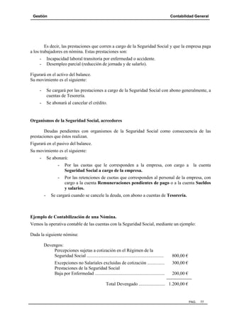Gestión Contabilidad General
PAG. 77
Es decir, las prestaciones que corren a cargo de la Seguridad Social y que la empresa paga
a los trabajadores en nómina. Estas prestaciones son:
- Incapacidad laboral transitoria por enfermedad o accidente.
- Desempleo parcial (reducción de jornada y de salarlo).
Figurará en el activo del balance.
Su movimiento es el siguiente:
- Se cargará por las prestaciones a cargo de la Seguridad Social con abono generalmente, a
cuentas de Tesorería.
- Se abonará al cancelar el crédito.
Organismos de la Seguridad Social, acreedores
Deudas pendientes con organismos de la Seguridad Social como consecuencia de las
prestaciones que éstos realizan.
Figurará en el pasivo del balance.
Su movimiento es el siguiente:
- Se abonará:
- Por las cuotas que le corresponden a la empresa, con cargo a la cuenta
Seguridad Social a cargo de la empresa.
- Por las retenciones de cuotas que corresponden al personal de la empresa, con
cargo a la cuenta Remuneraciones pendientes de pago o a la cuenta Sueldos
y salarios.
- Se cargará cuando se cancele la deuda, con abono a cuentas de Tesorería.
Ejemplo de Contabilización de una Nómina.
Vemos la operativa contable de las cuentas con la Seguridad Social, mediante un ejemplo:
Dada la siguiente nómina:
Devengos:
Percepciones sujetas a cotización en el Régimen de la
Seguridad Social ................................................................... 800,00 €
Excepciones no Salariales excluidas de cotización ............... 300,00 €
Prestaciones de la Seguridad Social
Baja por Enfermedad ............................................................. 200,00 €
Total Devengado ....................... 1.200,00 €
 