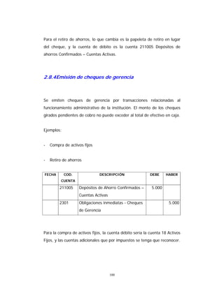 100
Para el retiro de ahorros, lo que cambia es la papeleta de retiro en lugar
del cheque, y la cuenta de débito es la cuenta 211005 Depósitos de
ahorros Confirmados – Cuentas Activas.
2.8.4Emisión de cheques de gerencia
Se emiten cheques de gerencia por transacciones relacionadas al
funcionamiento administrativo de la institución. El monto de los cheques
girados pendientes de cobro no puede exceder al total de efectivo en caja.
Ejemplos:
- Compra de activos fijos
- Retiro de ahorros
FECHA COD.
CUENTA
DESCRIPCIÓN DEBE HABER
211005 Depósitos de Ahorro Confirmados –
Cuentas Activas
5.000
2301 Obligaciones inmediatas - Cheques
de Gerencia
5.000
Para la compra de activos fijos, la cuenta débito sería la cuenta 18 Activos
Fijos, y las cuentas adicionales que por impuestos se tenga que reconocer.
 
