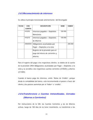 101
2.8.5Reconocimiento de intereses
Se utiliza el principio mencionado anteriormente: del Devengado
FECHA COD.
CUENTA
DESCRIPCIÓN DEBE HABER
410205 Intereses pagados – Depósitos
Monetarios
100.000
410210 Intereses pagados – Depósitos
de Ahorros
100.000
29040505 Obligaciones acumuladas por
Pagar – Depósitos a la vista
200.000
Registro de la provisión para el
pago del interés de corrientes y
ahorros
Para el registro del pago a los respectivos clientes, se debita de la cuenta
de la provisión 2904 Obligaciones acumuladas por Pagar – Depósitos a la
vista y se acredita a las respectivas cuentas corrientes (210505) y ahorros
(211005).
Cuando el banco paga los intereses, emite “Notas de Crédito”, porque
desde la contabilidad del banco, está incrementando el pasivo a favor del
cliente y los pasivos aumentan por el “haber” o “crédito”.
2.8.6Transferencia a Cuentas Inmovilizadas, Cerradas
(Ahorros o Corrientes)
Por instrucciones de la SIB, las Cuentas Corrientes y las de Ahorros
activas, luego de 180 días de no tener movimiento, se transferirán a las
 