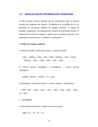 122
3.3 REVELACION DE INFORMACION FINANCIERA
La SIB mediante circular, instruyó que las instituciones bajo su control,
excepto las compañías de seguros, la obligación de la publicación en un
periódico de circulación nacional de: balance general, el estado de
pérdidas y ganancias, las proporciones mínimas de patrimonio técnico, la
calificación de activos de riesgo, la opinión de los auditores externos y los
indicadores financieros que se definen a continuación:
1. Indice de riesgo crediticio
a) Cartera vencida / (cartera por vencer + cartera vencida)
(1402 - 140230) + 1404 +1407 / (1401 –140190) + 1403 + (1402 –
140230) + 1404 + 1405 + 1406 + 1407 + 1408
b) Cartera vencida contingente / contingentes + cartera vencida
contingente
140230 / 140190 + 140230 + 15 + 6201
c) Provisiones / cartera por vencer + cartera vencida + contingentes
1499 / 1401 + 1402 + 1403 + 1404 + 1405 + 1406 + 1407 + 1408 +
15 + 6201
2. Rentabilidad
a) Resultados del ejercicio / capital y reservas propias
3802 / 31 + 32 + 33 + 37
 