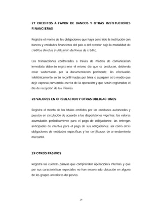 29
27 CREDITOS A FAVOR DE BANCOS Y OTRAS INSTITUCIONES
FINANCIERAS
Registra el monto de las obligaciones que haya contraído la institución con
bancos y entidades financieras del país o del exterior bajo la modalidad de
créditos directos y utilización de líneas de crédito.
Las transacciones contratadas a través de medios de comunicación
inmediata deberán registrarse el mismo día que se producen, debiendo
estar sustentadas por la documentación pertinente; las efectuadas
telefónicamente serán reconfirmadas por télex o cualquier otro medio que
deje expresa constancia escrita de la operación y que serán registradas el
día de recepción de las mismas.
28 VALORES EN CIRCULACION Y OTRAS OBLIGACIONES
Registra el monto de los títulos emitidos por las entidades autorizadas y
puestos en circulación de acuerdo a las disposiciones vigentes; los valores
acumulados periódicamente para el pago de obligaciones; las entregas
anticipadas de clientes para el pago de sus obligaciones; así como otras
obligaciones de entidades específicas y los certificados de arrendamiento
mercantil.
29 OTROS PASIVOS
Registra las cuentas pasivas que comprenden operaciones internas y que
por sus características especiales no han encontrado ubicación en alguno
de los grupos anteriores del pasivo.
 