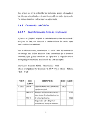 53
Cabe anotar que en la contabilidad de los bancos, gracias a la ayuda de
los sistemas automatizados, este asiento contable se realiza diariamente.
Por motivos didácticos realizamos en un solo asiento.
2.4.3 Cancelación del Crédito
2.4.3.1 Cancelación en la fecha de vencimiento
Siguiendo el Ejemplo 1, registrar la cancelación del primer dividendo el 1
de agosto de 2000, con débito de la cuenta corriente del cliente, según
instrucción recibida del mismo.
Para el cobro del crédito, normalmente se utilizan tablas de amortización,
sin embargo para efectos didácticos se ha considerado que el dividendo
considera pagos iguales semestrales de capital mas el respectivo interés
devengado por el semestre, dependiendo del saldo de capital:
Amortización de capital: 15.000 / 10 semestres = 1.500
Interés devengado del 1er dividendo: 15.000 * 15% de interés * 180 días
/ 360 = 1.125
FECHA COD.
CUENTA
DESCRIPCIÓN DEBE HABER
01/08/00 210505 Depósitos Monetarios Confirmados
– Cuentas activas
2.625
19041015 Intereses y descuentos de cartera e
inversiones - Créditos Hipotecarios
1.125
140115 Créditos Hipotecarios 1.500
Registro del cobro del primer
dividendo del cliente en referencia
 