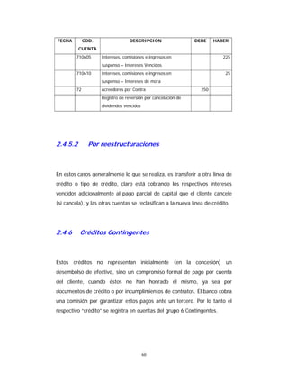60
FECHA COD.
CUENTA
DESCRIPCIÓN DEBE HABER
710605 Intereses, comisiones e ingresos en
suspenso – Intereses Vencidos
225
710610 Intereses, comisiones e ingresos en
suspenso – Intereses de mora
25
72 Acreedores por Contra 250
Registro de reversión por cancelación de
dividendos vencidos
2.4.5.2 Por reestructuraciones
En estos casos generalmente lo que se realiza, es transferir a otra línea de
crédito o tipo de crédito, claro está cobrando los respectivos intereses
vencidos adicionalmente al pago parcial de capital que el cliente cancele
(si cancela), y las otras cuentas se reclasifican a la nueva línea de crédito.
2.4.6 Créditos Contingentes
Estos créditos no representan inicialmente (en la concesión) un
desembolso de efectivo, sino un compromiso formal de pago por cuenta
del cliente, cuando éstos no han honrado el mismo, ya sea por
documentos de crédito o por incumplimientos de contratos. El banco cobra
una comisión por garantizar estos pagos ante un tercero. Por lo tanto el
respectivo “crédito” se registra en cuentas del grupo 6 Contingentes.
 