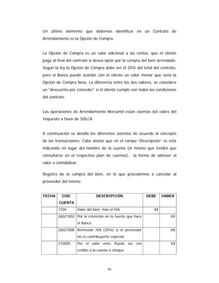 66
Un último elemento que debemos identificar en un Contrato de
Arrendamiento es la Opción de Compra.
La Opción de Compra es un valor adicional a las rentas, que el cliente
paga al final del contrato si desea optar por la compra del bien arrendado.
Según la ley la Opción de Compra debe ser el 20% del total del contrato,
pero el Banco puede acordar con el cliente un valor menor que sería la
Opción de Compra Neta. La diferencia entre los dos valores, se considera
un "descuento por conceder" si el cliente cumple con todas las condiciones
del contrato.
Las operaciones de Arrendamiento Mercantil están exentas del cobro del
Impuesto a favor de SOLCA.
A continuación se detalla los diferentes asientos de acuerdo al concepto
de las transacciones. Cabe anotar que en el campo “Descripción” se está
indicando en lugar del nombre de la cuenta (el mismo que tendrá que
consultarse en el respectivo plan de cuentas), la forma de obtener el
valor a contabilizar:
Registro de la compra del bien, en la que procedemos a cancelar al
proveedor del mismo:
FECHA COD.
CUENTA
DESCRIPCIÓN DEBE HABER
1704 Valor del bien mas el IVA XX
26021002 Por la retención en la fuente que hace
el Banco.
XX
26021008 Retención IVA (30%) si el proveedor
no es contribuyente especial.
XX
210505 Por el valor neto. Puede ser con
crédito a la cuenta o cheque
XX
 