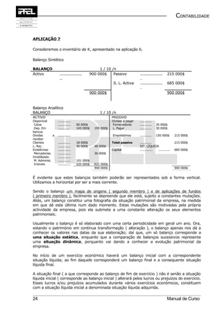 CONTABILIDADE


APLICAÇÃO 7

Consideremos o inventário de K, apresentado na aplicação 6.

Balanço Sintético

BALANÇO                                          1 / 10 /n
Activo             ..................       900 000$     Passivo           ..................     215 000$
                   ..                                                      .
                                                          S. L. Activa     ..................     685 000$
                                                                           .
                                            900 000$                                              900 000$



Balanço Analítico
BALANÇO                                          1 / 10 /n
ACTIVO                                                   PASSIVO
Disponível        .............                          Dívidas a pagar   ............
 Caixa            .............   50 000$                Fornecedores      ............   35 000$
 Dep. Em          ............    145 000$    195 000$   L. Pagar          ............   30 000$
bancos
Dívidas       a   .............                          Empréstimos       ............   150 000$      215 000$
receber
Clientes          .............   18 000$                Total passivo     ............                 215 000$
L. Rec.           .............   30 000$     48 000$                      SIT. LÍQUIDA
Existências       .............                          Capital           ............. ............   685 000$
 Mercadorias      .............               36 000$
Imobilizado       .............
 M. Administ.     .............   101 000$
 Imóveis          .............   520 000$    621 000$
                                              900 000$                                                  900 000$


É evidente que estes balanços também poderão ser representados sob a forma vertical.
Utilizamos a horizontal por ser a mais corrente.

Sendo o balanço um mapa de origens ( segundo membro ) e de aplicações de fundos
( primeiro membro ), facilmente se depreende que ele está, sujeito a constantes mutações.
Aliás, um balanço constitui uma fotografia da situação patrimonial da empresa, na medida
em que dá esta última num dado momento. Estas mutações são motivadas pela própria
actividade da empresa, pois ela submete a uma constante alteração os seus elementos
patrimoniais.

Usualmente o balanço é só elaborado com uma certa periodicidade em geral um ano. Ora,
estando o património em contínua transformação ( alteração ), o balanço apenas nos dá a
conhecer os valores nas datas da sua elaboração; daí que, um só balanço corresponde a
uma situação estática, enquanto que a comparação de balanços sucessivos representa
uma situação dinâmica, porquanto vai dando a conhecer a evolução patrimonial da
empresa.

No início de um exercício económico haverá um balanço inicial com a correspondente
situação líquida; ao fim daquele corresponderá um balanço final e a consequente situação
líquida final.

A situação final ( a que corresponde ao balanço de fim de exercício ) não é senão a situação
líquida inicial ( corresponde ao balanço inicial ) alterará pelos lucros ou prejuízos do exercício.
Esses lucros e/ou prejuízos acumulados durante vários exercícios económicos, constituem
com a situação líquida inicial a denominada situação líquida adquirida.


24                                                                                                Manual de Curso
 