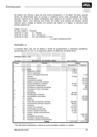 CONTABILIDADE


       Na prática nem sempre o grau de uma conta corresponde a 1 só digito. De facto, quando
       dentro de determinado grau se preveja a existência duma certa quantidade de contas,
       deverão reservar-se os dígitos necessários para cobertura do número máximo de contas
       previstas. Assim, uma empresa que tenha, em média, uma centena de clientes, deverá
       reservar para o código do cliente um número não inferior a 3 dígitos. A estrutura para
       clientes poderia ser:

       Código: 211 xxx
       em que: classe 2 - Terceiros
       conta de 1.º grau     21 - clientes
       conta de 2.º grau     211 - clientes c/c
       conta de 3.º grau     211 xxx (clientes n.º xxx)
                                                   ....e, assim sucessivamente.


       APLICAÇÃO 14

       A empresa Beta, Lda, que se dedica à venda de equipamentos e respectiva assistência,
       apresentava em 31 /12 / n, os seguintes valores no Balancete do Razão Geral.1


       EMPRESA BETA, LDA

       31/12/n                 BALANCETE DO RAZÃO GERAL                   (em contos)
       Classe                            Contas                                    Saldos
                                                                           Devedores    Credores

                    11   Caixa                                                     1 614
       1            12   Depósitos à ordem                                         6 432
                    15   Títulos negociáveis                                       8 750
       ...          19   Prov. p/ aplicações tesouraria                                       1 210
                    21   Clientes                                                 75 400
                    22   Fornecedores                                                        40 600
                    23   Empréstimos obtidos                                                130 000
       2            24   Estado e outros entes públicos                                      10 214
                    26   Outros devedores e credores                              18 754     32 254
                    27   Acréscimos e diferimentos                                 1 685        520
                    28   Provisões p/ cobranças duvidosas                                       986
       ...          29   Provisões p/ riscos e encargos                                       8 635
       3            31   Compras
       ...          32   Mercadorias                                            86 340
       4            42   Imobilizações corpóreas                               439 438
       ...          48   Amortizações acumuladas                                            136 550
       5            51   Capital                                                            150 000
       ...          57   Reservas                                                            38 560
                    61   Custo das mercadorias vendidas                        650 894
                    62   Fornecimentos serviços externos                        88 091
                    63   Impostos                                                4 210
       6            64   Custos com o pessoal                                  279 643
                    66   Amortizações do exercício                              27 310
                    68   Custos e perdas financeiros                            26 360
       ...          69   Custos e perdas extraordinários                         2 223
                    71   Vendas                                                            1 028 500
       7            72   Prestações de serviços                                              135 950
                    78   Proveitos e ganhos financeiros                                        2 180
       ...          79   Proveitos e ganhos extraordinários                                      985
                                                  Totais                     1 717 144     1 717 144

       1
           Por não serem necessárias, excluímos as acumulações a débito e a crédito.

       Manual de Curso                                                                           87
 