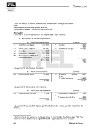 CONTABILIDADE




Tendo em atenção os valores apresentados, pretende-se a indicação dos valores
para:
Apuramento dos resultados líquidos do ano n;
Elaboração do Balanço (simplificado) segundo o POC. 2

Resolução:
Com base no esquema apresentado nas páginas 118 e 119, teremos:

       a1) Apuramento do resultado operacional.

                 81 - Resultados operacionais                                  (contos)
61    Custo Mer. Vendidas            650 894         71    Vendas                           1 028
                                                                                              500
62    Fornec. serv. externos          88   091       72    Prestações serviços            135 950
63    Impostos                         4   210
64    Custos com o pessoal           279   643
66    Amortizações do exercício       27   310
      Lucro operacional              114   302
                                   1 164 450                                                1 164
                                                                                              450


a2) Apuramento do resultado financeiro.

                 82 - Resultados financeiros                                   (contos)
68    Custos perdas financ.           26 360         78    Proveitos         ganhos         2 180
                                                           financ.
                                                           Prejuízo financeiro             24 180
                                      26 360                                               26 360



a3) Apuramento do resultado extraordinário.

                 84 - Resultados extraordinários                               (contos)
69    Custos perdas extraord.             2 223      7    Proveitos ganhos extraord.         985
                                                     9
                                                          Prejuízo extraordinário           1 238
                                          2 223                                             2 223



a4) Apuramento do resultado líquido (por transferência dos valores apurados nas contas 81,
82 e 84).




2
 Continuamos a não utilizar as contas da classe 8, consideradas facultativas pelo POC. Para
desenvolvimento desta matéria veja CAPÍTULO 5 - Operações de fim de exercício.

88                                                                       Manual de Curso
 