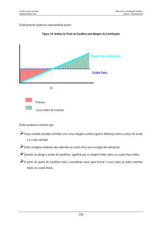Amélia Ferreira da Silva Manual de Contabilidade Analítica
Anabela Martins Silva Volume I - Apontamentos
104
Graficamente podemos representá-la assim:
Figura 34: Análise do Ponto de Equilíbrio pela Margem de Contribuição
Então podemos concluir que:
Cada unidade vendida contribui com uma margem unitária igual à diferença entre o preço de venda
e o custo variável;
Estas margens unitárias vão cobrindo os custos fixos (ou encargos de estrutura);
Quando se atinge o ponto de equilíbrio, significa que a margem total cobriu os custos fixos totais;
A partir do ponto de equilíbrio todo o excedente serve para formar o lucro (pois já estão cobertos
todos os custos fixos).
Margem de Contribuição
Custos Fixos
Qe
Prejuízo
Lucro antes de imposto
 