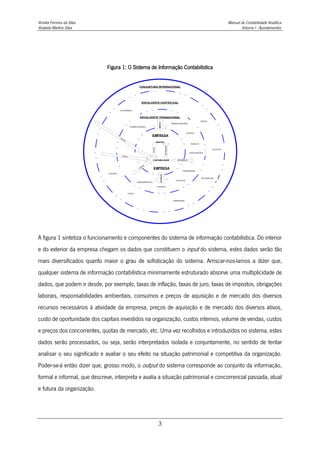 Amélia Ferreira da Silva Manual de Contabilidade Analítica
Anabela Martins Silva Volume I - Apontamentos
3
Figura 1: O Sistema de Informação Contabilística
A figura 1 sintetiza o funcionamento e componentes do sistema de informação contabilística. Do interior
e do exterior da empresa chegam os dados que constituem o input do sistema, estes dados serão tão
mais diversificados quanto maior o grau de sofisticação do sistema. Arriscar-nos-íamos a dizer que,
qualquer sistema de informação contabilística minimamente estruturado absorve uma multiplicidade de
dados, que podem ir desde, por exemplo, taxas de inflação, taxas de juro, taxas de impostos, obrigações
laborais, responsabilidades ambientais, consumos e preços de aquisição e de mercado dos diversos
recursos necessários à atividade da empresa, preços de aquisição e de mercado dos diversos ativos,
custo de oportunidade dos capitais investidos na organização, custos internos, volume de vendas, custos
e preços dos concorrentes, quotas de mercado, etc. Uma vez recolhidos e introduzidos no sistema, estes
dados serão processados, ou seja, serão interpretados isolada e conjuntamente, no sentido de tentar
analisar o seu significado e avaliar o seu efeito na situação patrimonial e competitiva da organização.
Poder-se-á então dizer que, grosso modo, o output do sistema corresponde ao conjunto da informação,
formal e informal, que descreve, interpreta e avalia a situação patrimonial e concorrencial passada, atual
e futura da organização.
ENVOLVENTE CONTEXTUAL
ENVOLVENTE TRANSACIONAL
OUTPUTS
CLIENTES
ASSOCIAÇÕES
ESTADO
BANCOS
FORNECEDORES
TRABALHADORES
COMUNIDADE
CONCORRENTES
ESCOLAS
POLÍTICO
TECONÓLIGO
LEGAL
ECONÓMICO
SOCIAL
CULTUTAL
FINANCEIRO
CONJUNTURA INTERNACIONAL
EMPRESA
INPUTS
CONTABILIDADE
GESTÃO
DADOS
INFORMAÇÃO
DADOS
DADOS
DADOS
EMPRESA
INFORMAÇÃO
 